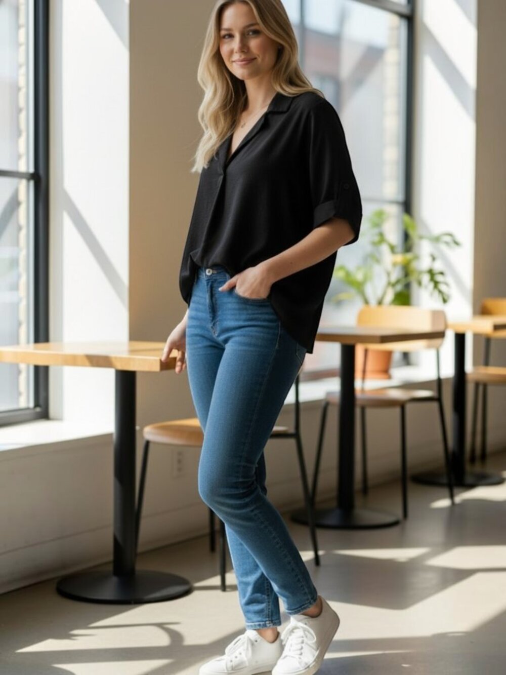 LUSH Black Collared V-Neck Blouse 100% Rayon High Low Back Button Shirt - XL/2XL - Picture 2 of 7